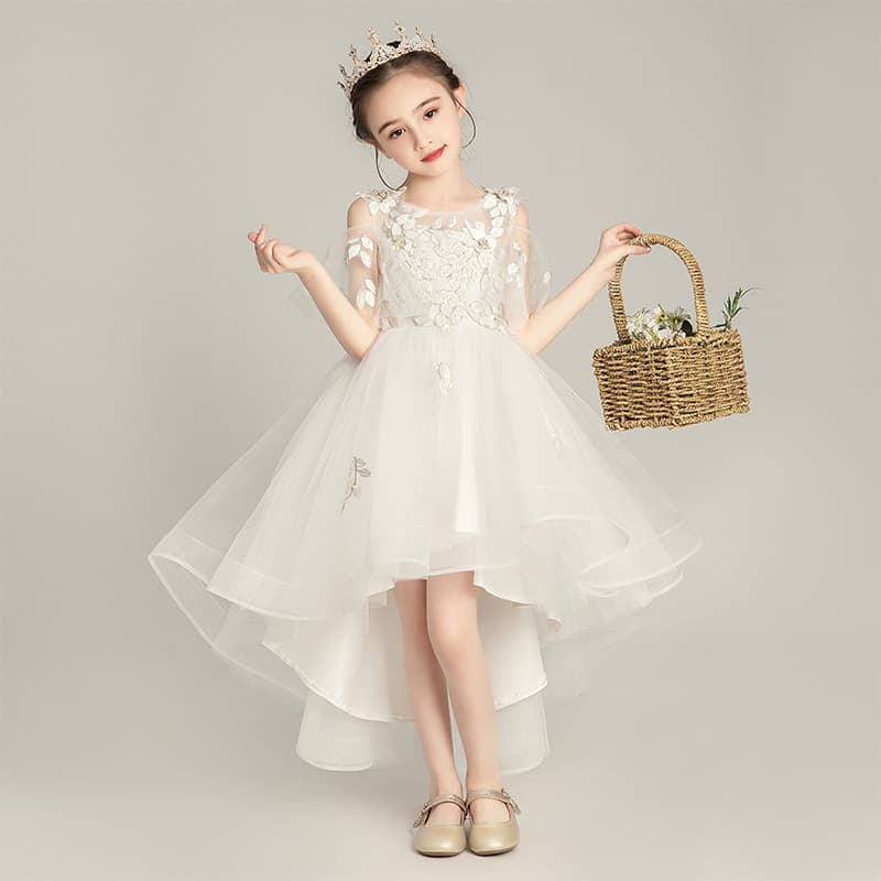 Girls' Elegant Princess Dress Flower Girl White Tulle Wedding Dress Host Little Girl Piano Performance Children's Gown