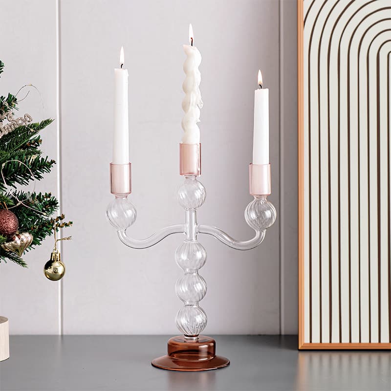 Nordic retro striped romantic three-head candlestick dining table candlelight dinner decoration candle holder decorative glass candlestick