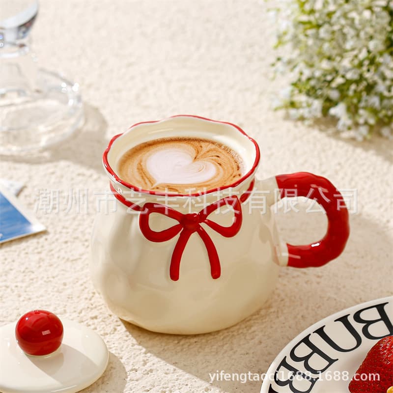Trendy Bowknot Ceramic Mug with Lid, Gift Cup, Cartoon Girl Embossed Cute Creative Cup