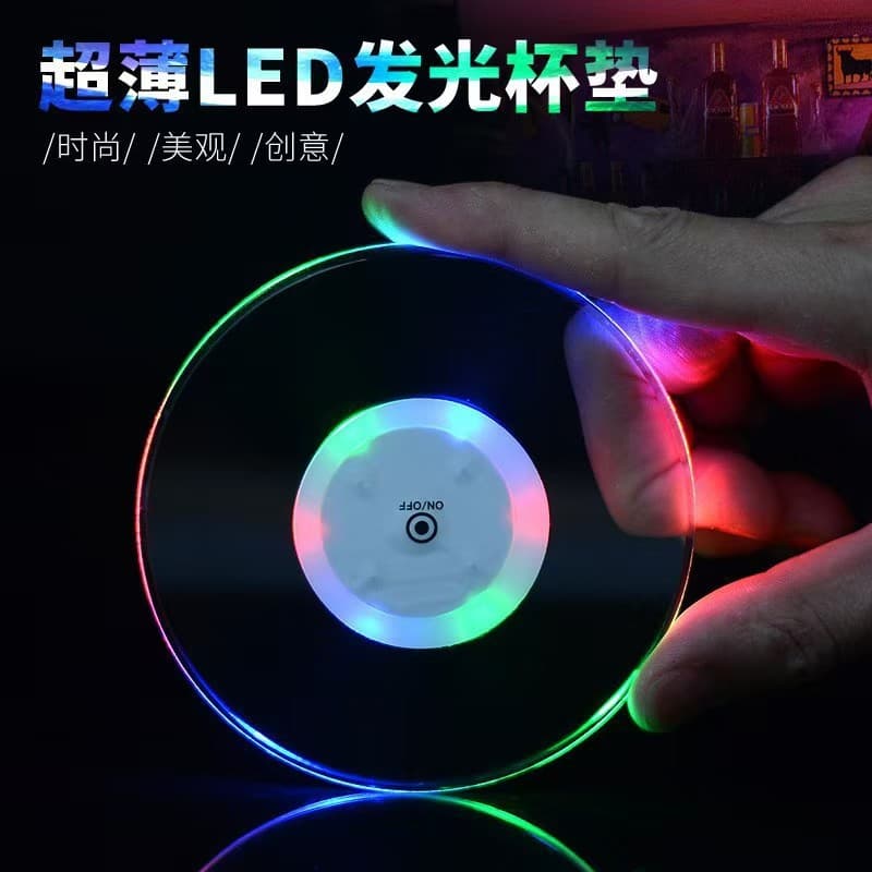 LED illuminated coasters, customizable logo, waterproof, suitable for bars and parties, acrylic illuminated coasters, flashing bottle coasters.