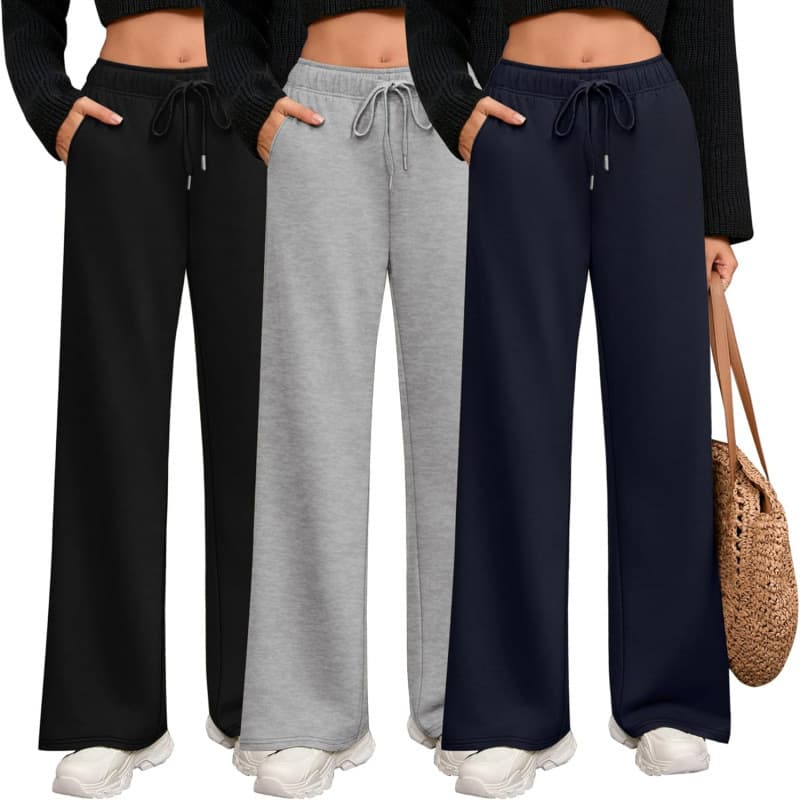 Riyiper 3-Pack Women's Wide Leg Sweatpants, Drawstring Straight Leg Sweatpants, Elastic Waist Sweatpants, Split Hem