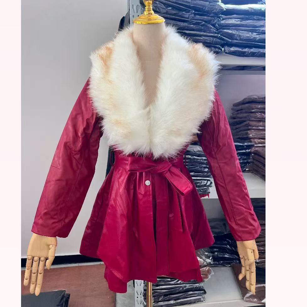 European and American PU Leather Imitation Fox Fur Collar Women's Mid-length Fur Coat Slim Fit Cotton Fashion PU Leather Coat Winter