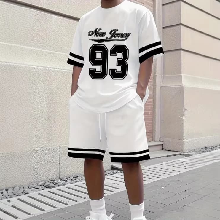 2026 summer cross-border European and American new men's round neck printed T-shirt shorts suit trendy men's casual suit