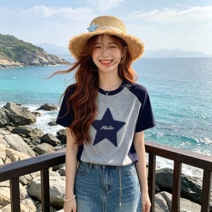 Color Block Heart Print Design Short Sleeve Top Women's Summer New Soft Fashion Loose Slim Fit Concealing Regular Shoulder Top