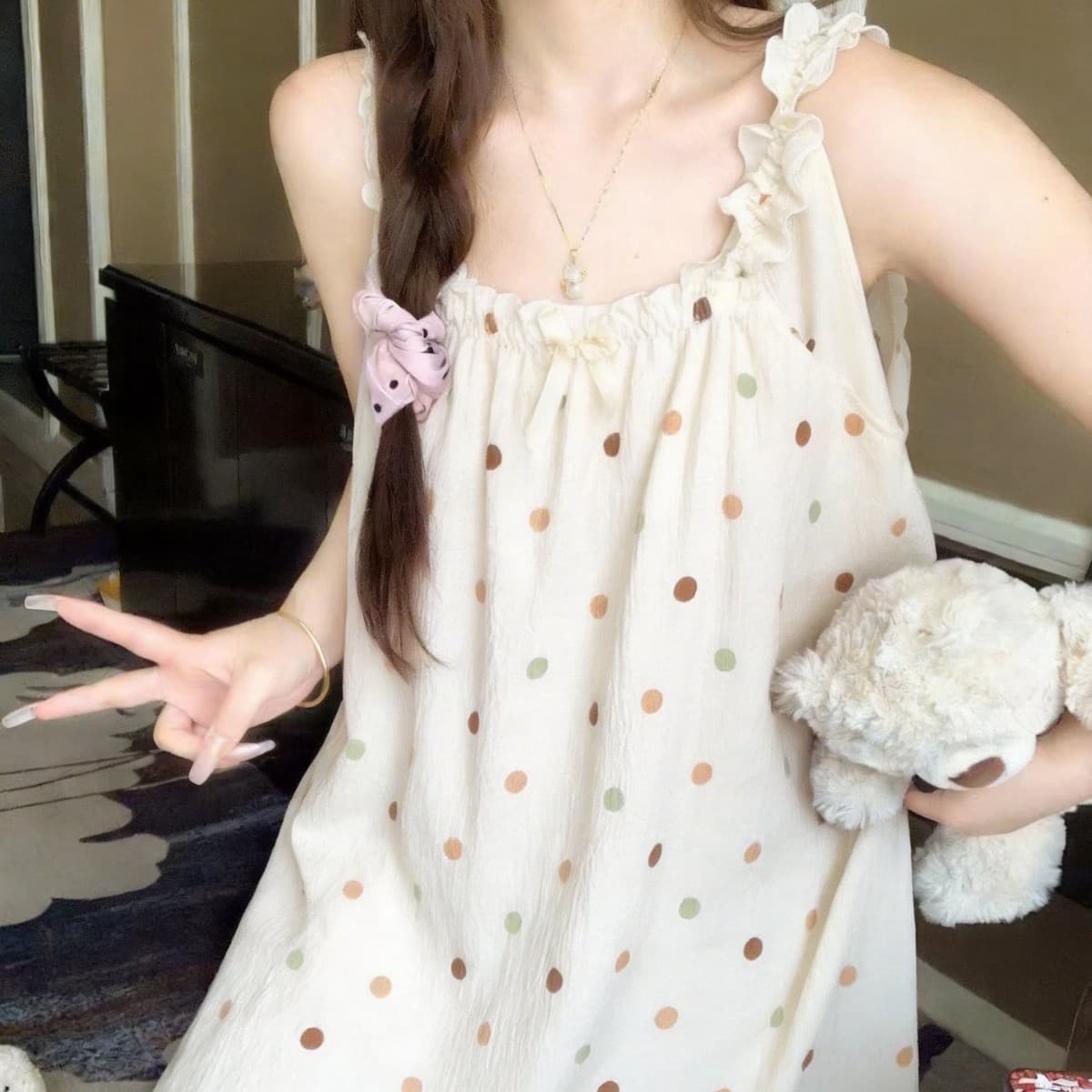 Polka Dot Cloud Cotton Camisole Sleep Dress with Removable Pads, Summer Lace Square Neck Bow Backless Long Dress, Loungewear for Cross-Border