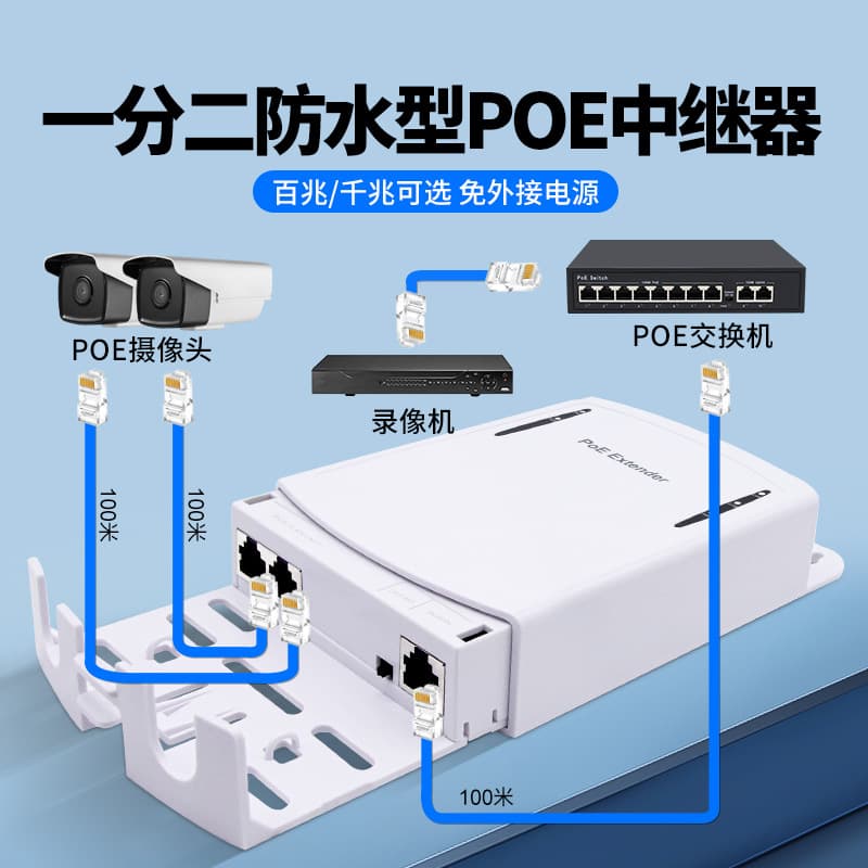 POE Repeater One-to-Two / One-In Three-Out Outdoor Waterproof 10/100/1000Mbps Network Extender Standard POE Power Supply
