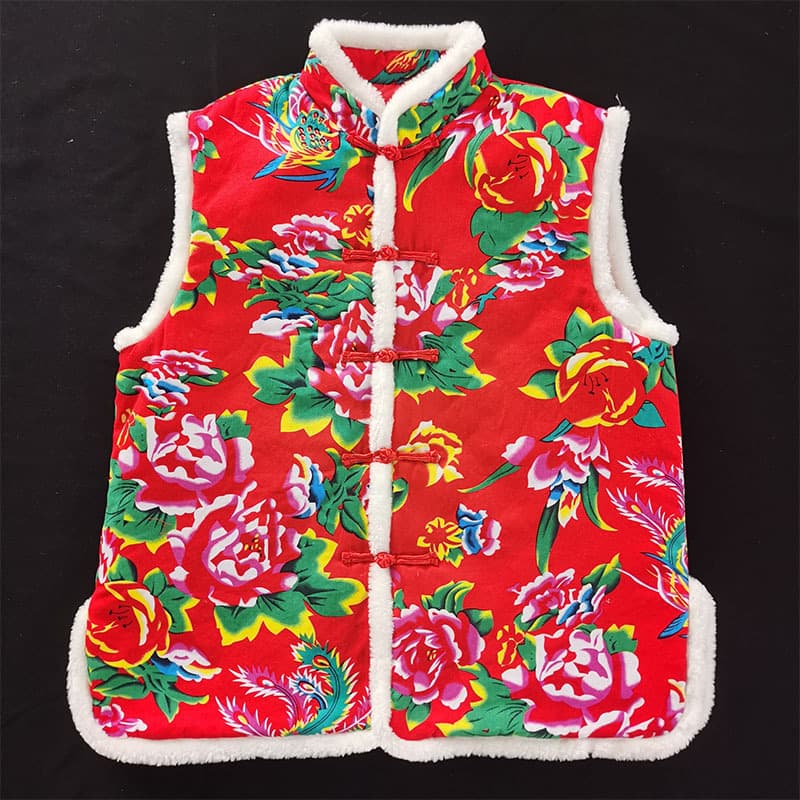 Northeast Floral Print Performance Workwear Chinese Tang Suit Faux Rabbit Fur Vest Autumn Winter Short Plush Cotton-padded Warm Waistcoat