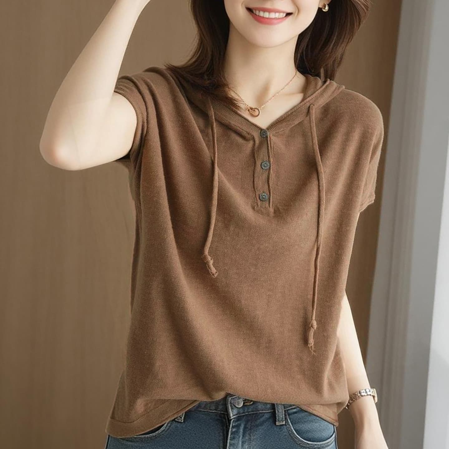 Summer Lightweight Cotton-Linen Knit Hoodie, Plus Size Women's Korean Style Loose V-Neck Tee Inner Base Layer