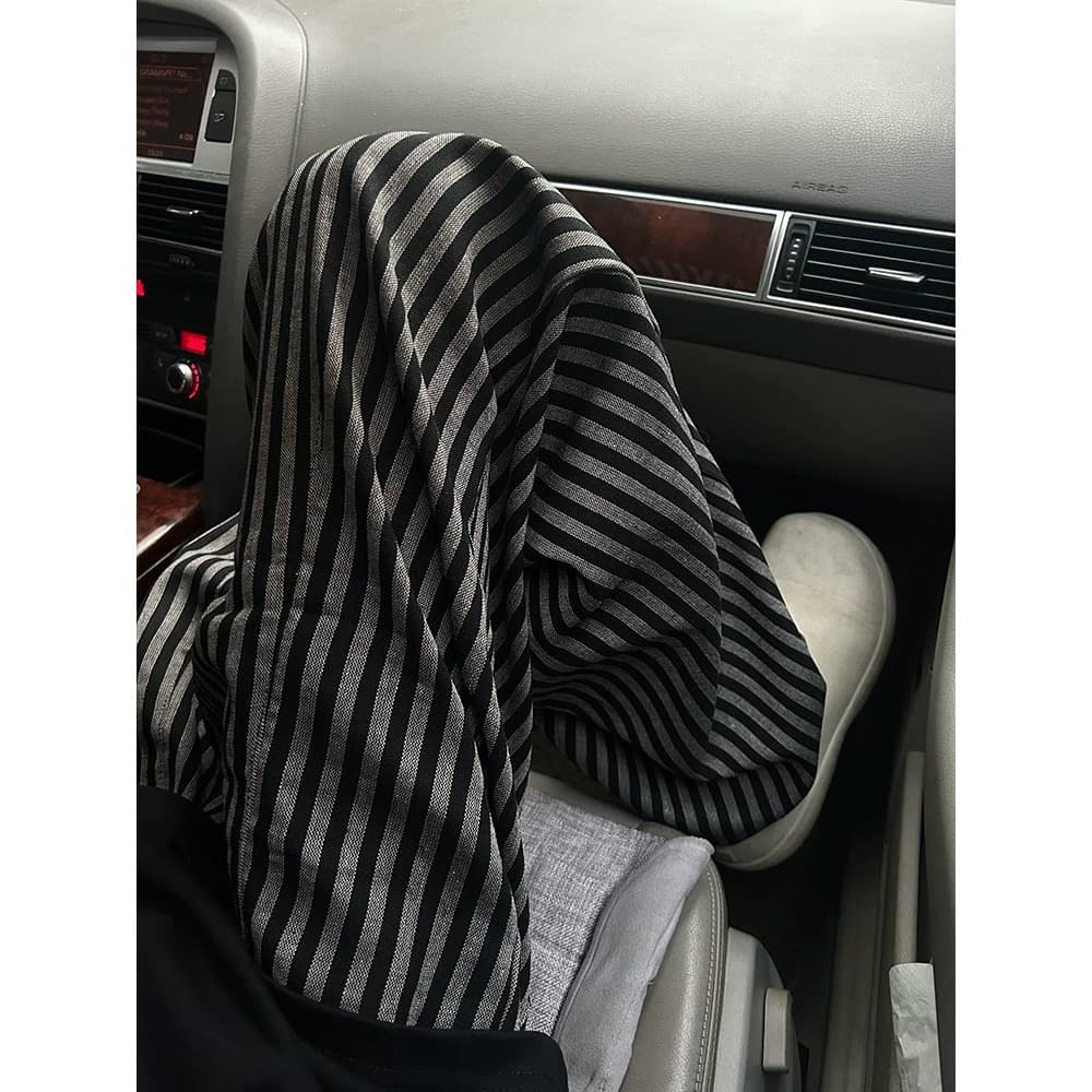 American Retro Black Gray Stripe Pants Loose Relaxed Casual Style Ins Men Women Wide Leg Long Pants