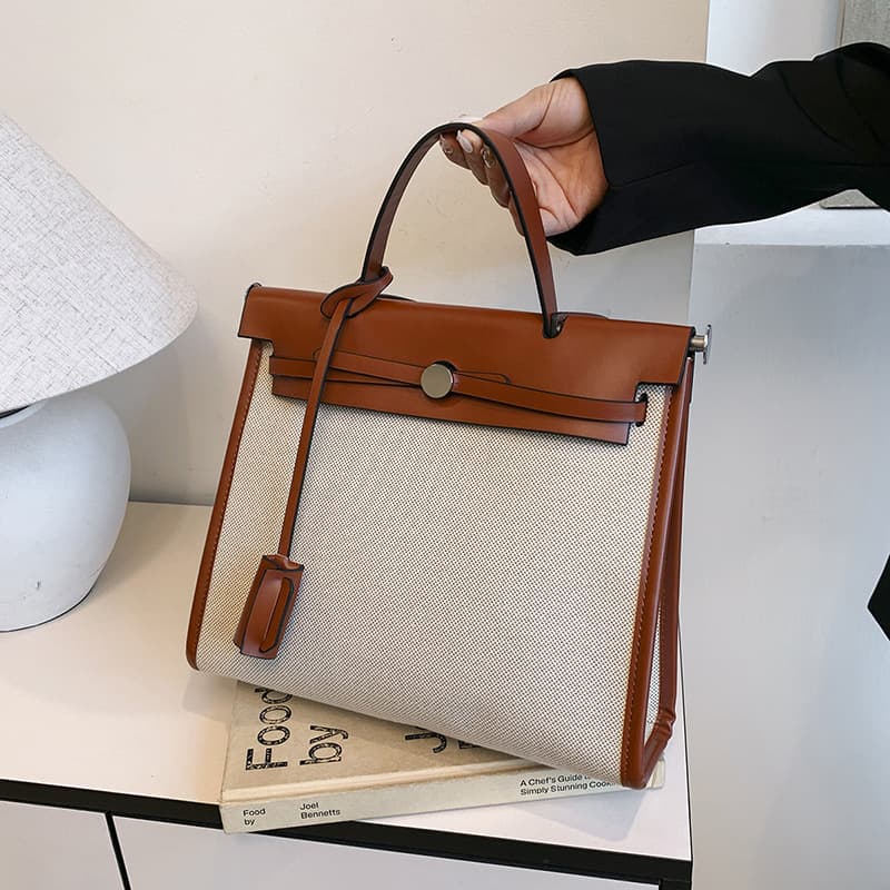 Urban Simple Style Large Capacity Canvas Kelly Bag Women's Shoulder Crossbody Bag Splicing Design Casual Handbag Daily Match