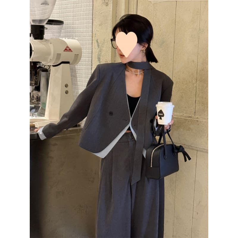 New Blazer Suit Set with Tie Detail Blazer and Trousers Two-Piece Set