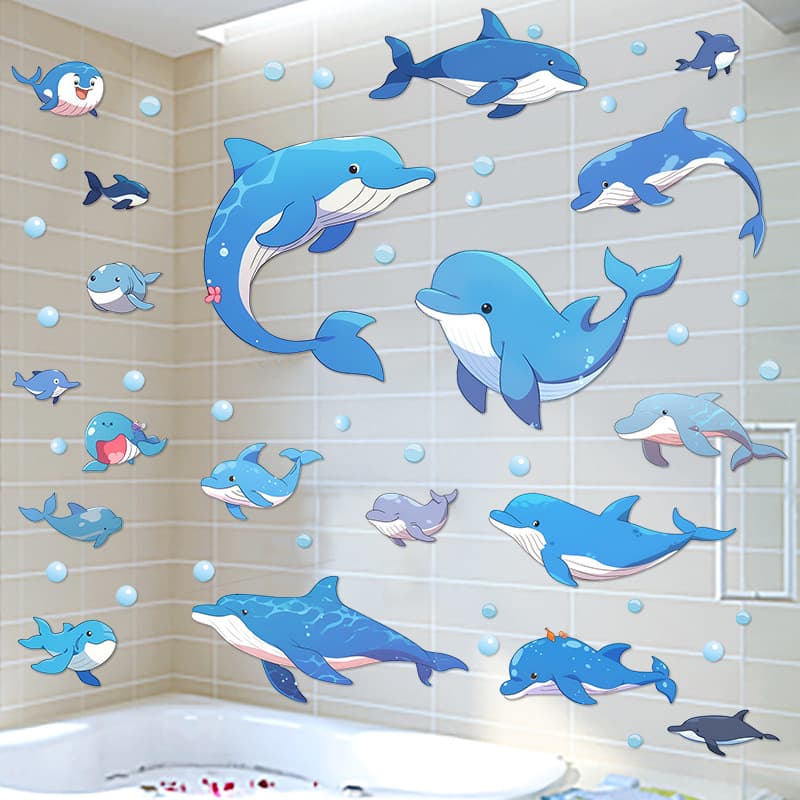 Factory Wholesale Cute Dolphin Wall Sticker for Kids Room Baby Bedroom Decoration Bathroom Background Wall Sticker Waterproof AS4708