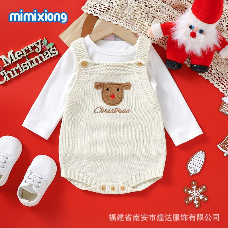 Ins Hot Sale Autumn Winter New Baby Christmas Sling Romper Jumpsuit Crawling Suit Cute Christmas Reindeer Jacquard