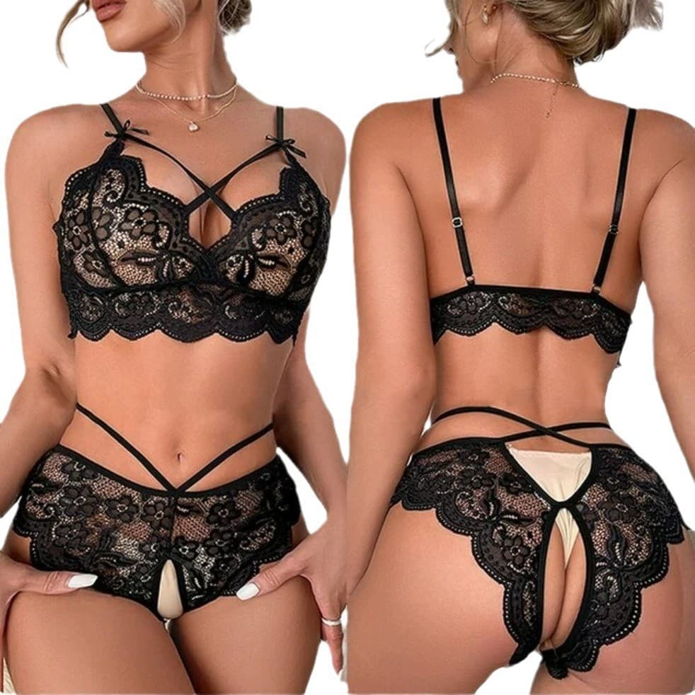 Export Lingerie, Sexy Pure Desire Crotchless Easy-Off Transparent Set, Adjustable Strap Lace Lingerie for Women