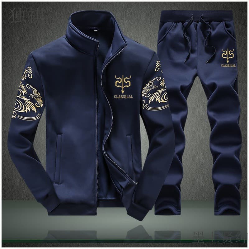 Men's Casual Sportswear Set Embroidered Jacket And Long Pants Two-Piece Suit Lightweight Polyester Blend for Autumn Spring