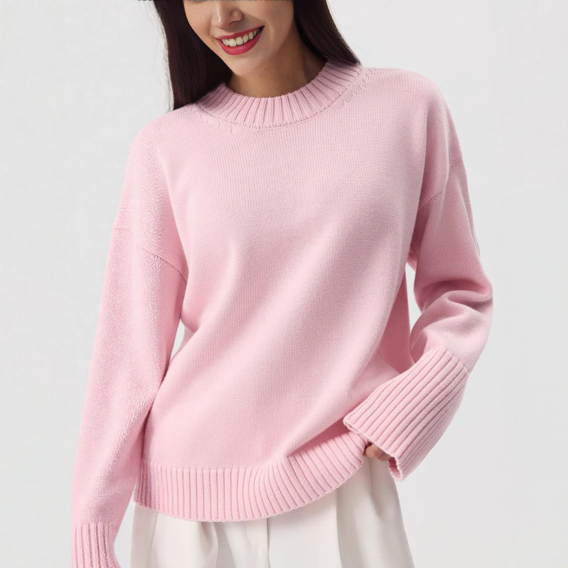 2026 New European and American Style Loose Crew Neck Pure Cotton Sweater for Women, Spring and Autumn Solid Color Knit Lazy Long Sleeve Pullover