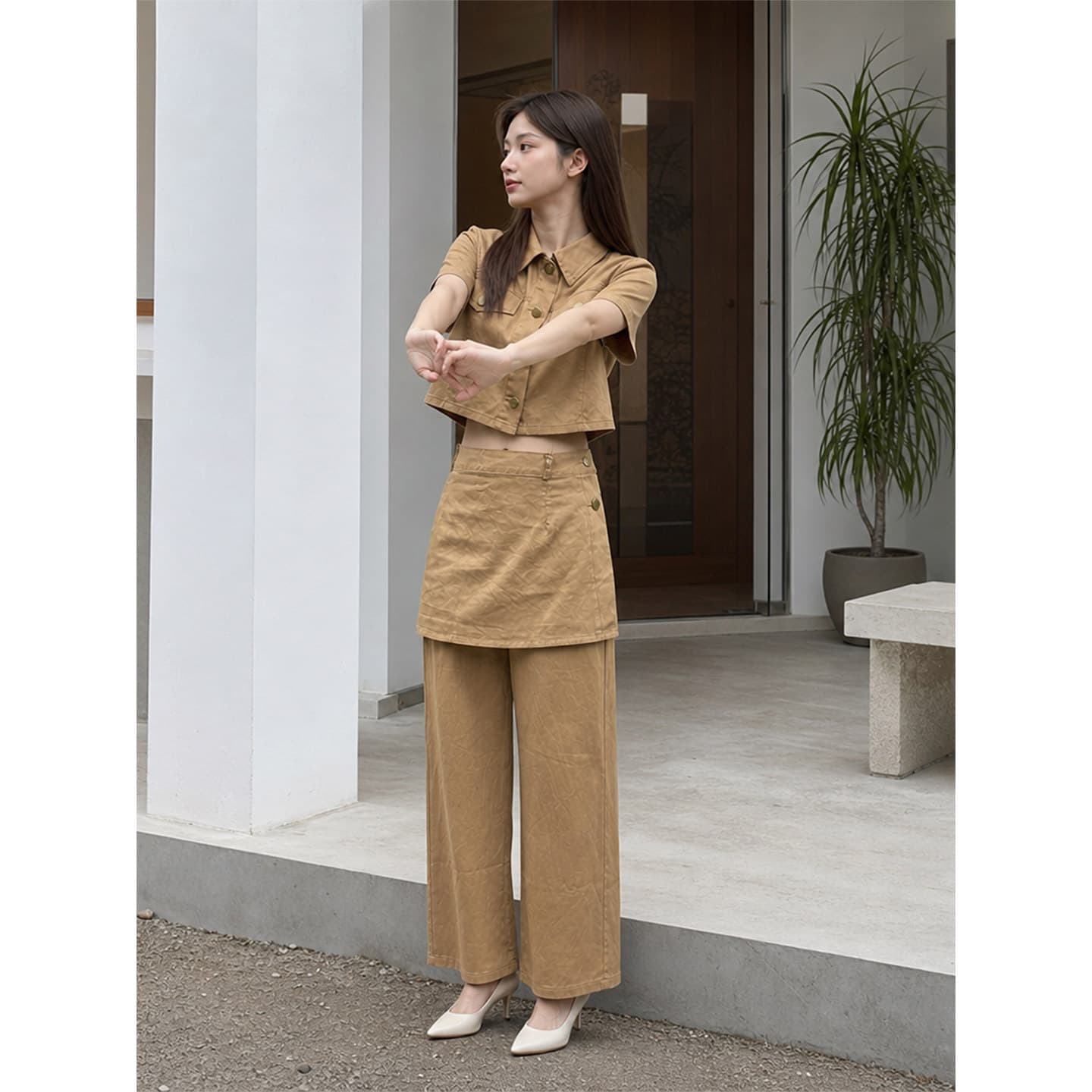 Japanese Lazy Style Shirt Set for Women, Summer Khaki Design Sense, Loose Casual Long Pants Two-Piece Set