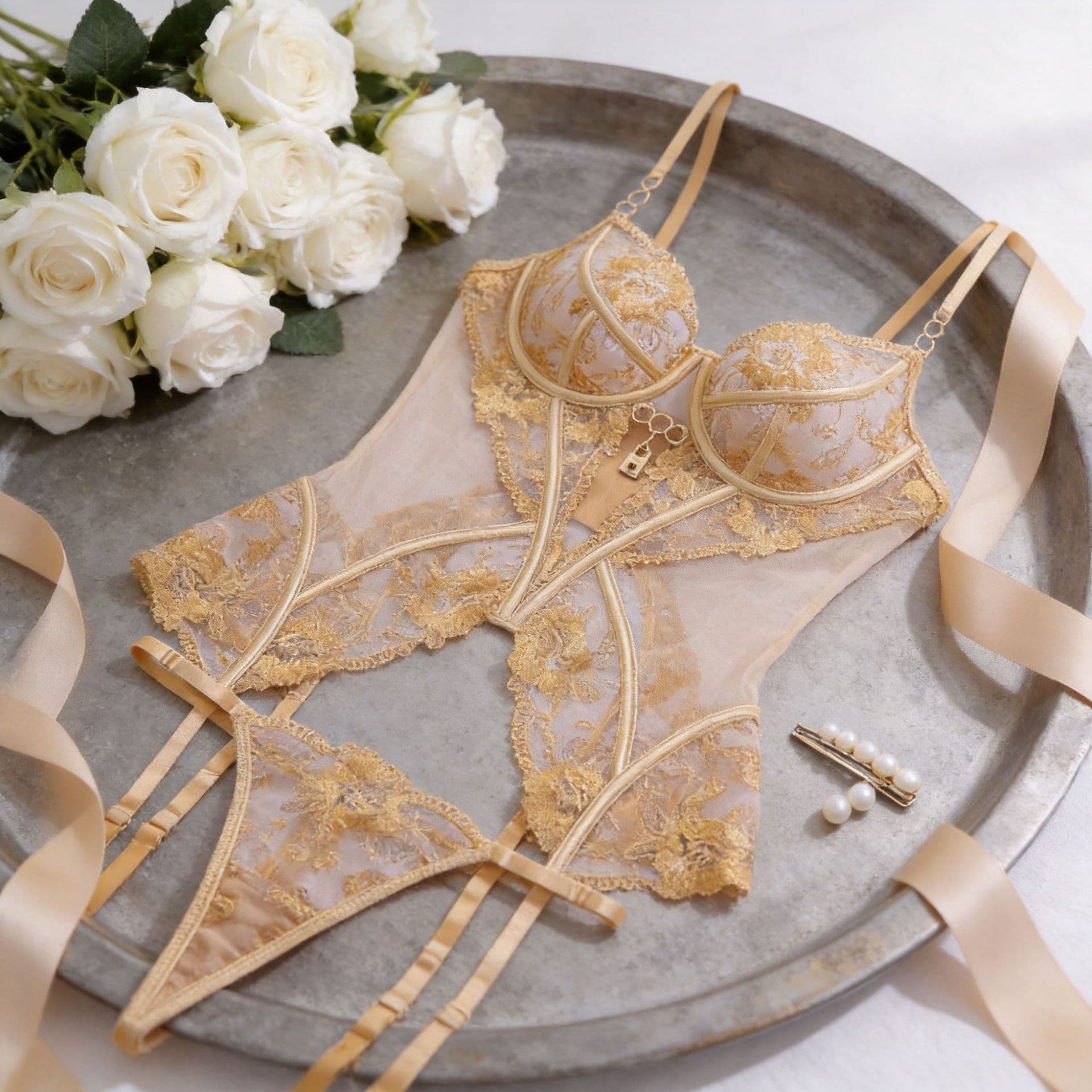 Amazon Cross-border Hot Selling 2025 Trendy See-through Embroidered Mesh Body Shaping Sexy Lingerie Two-piece Set