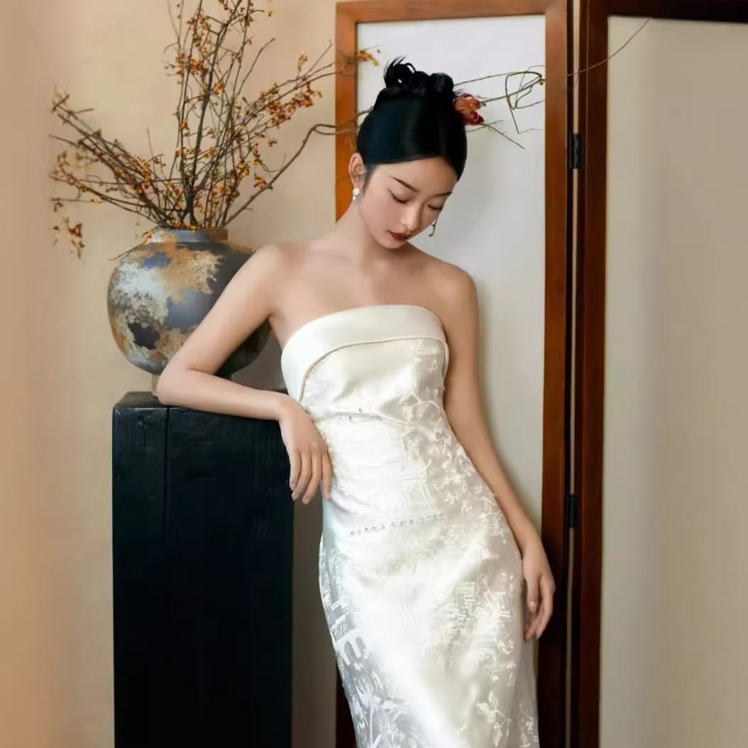 Morning Shoot Evening Gown for Women Bride Elegant White Bow Strapless Dress Long Train Dress
