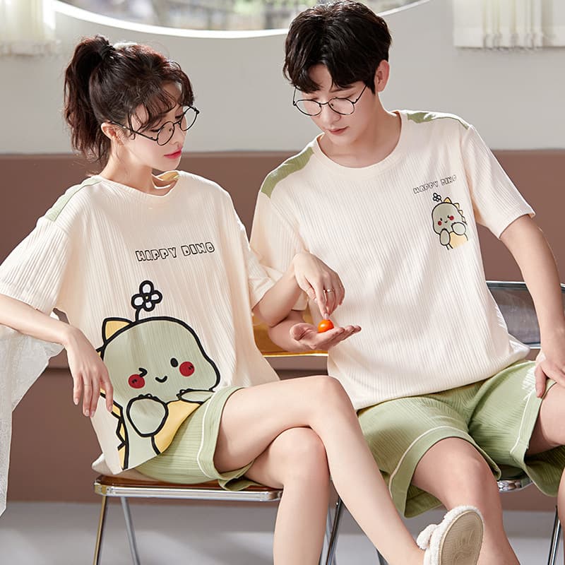 Couples Summer Cotton Pajamas Short Sleeve Thin Home Clothes Two-Piece Set Casual round Neck Short Pants for Men And Women