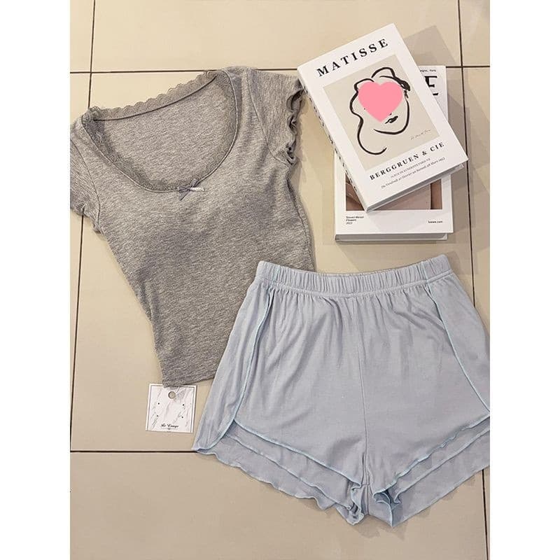 Summer Lace Gray Top with Built-in Pads and Blue Shorts Set, Stunning Petite Fit Premium Look