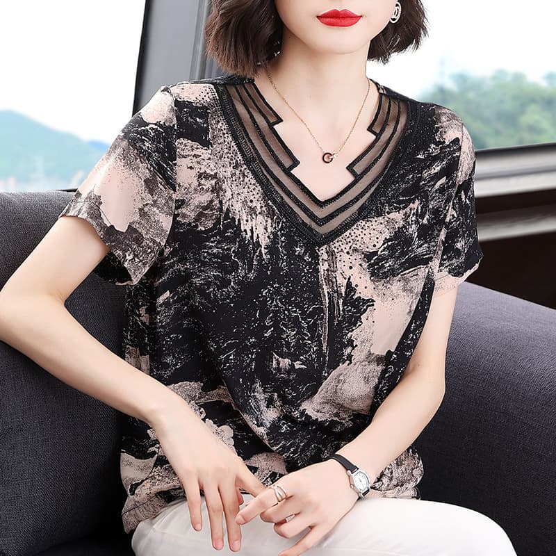 Hem Knot Top Women's 2022 New Summer V-neck Lace t Hot Drilling Printed Chiffon Shirt Short-sleeved Western Style Shirt