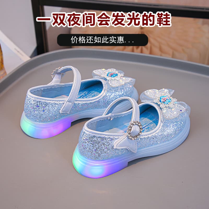 2025 New Elsa Girls' Princess Shoes, Crystal Spring/Autumn Soft-Sole Flats, Stylish Little Girl's Light-Up Children's Leather Shoes