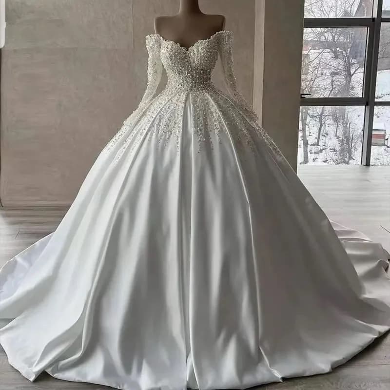 Luxury Wedding Dress Long Sleeve V-Neck Satin Main Gown Bride High-End Satin Main Gown New Style