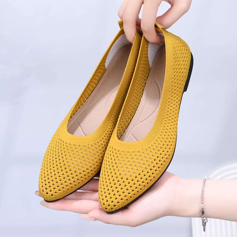 Women's Spring Summer Soft Bottom Knitted Hollow Out Pointed Toe Flat Shoes Breathable Casual Low Heel Flat Footwear