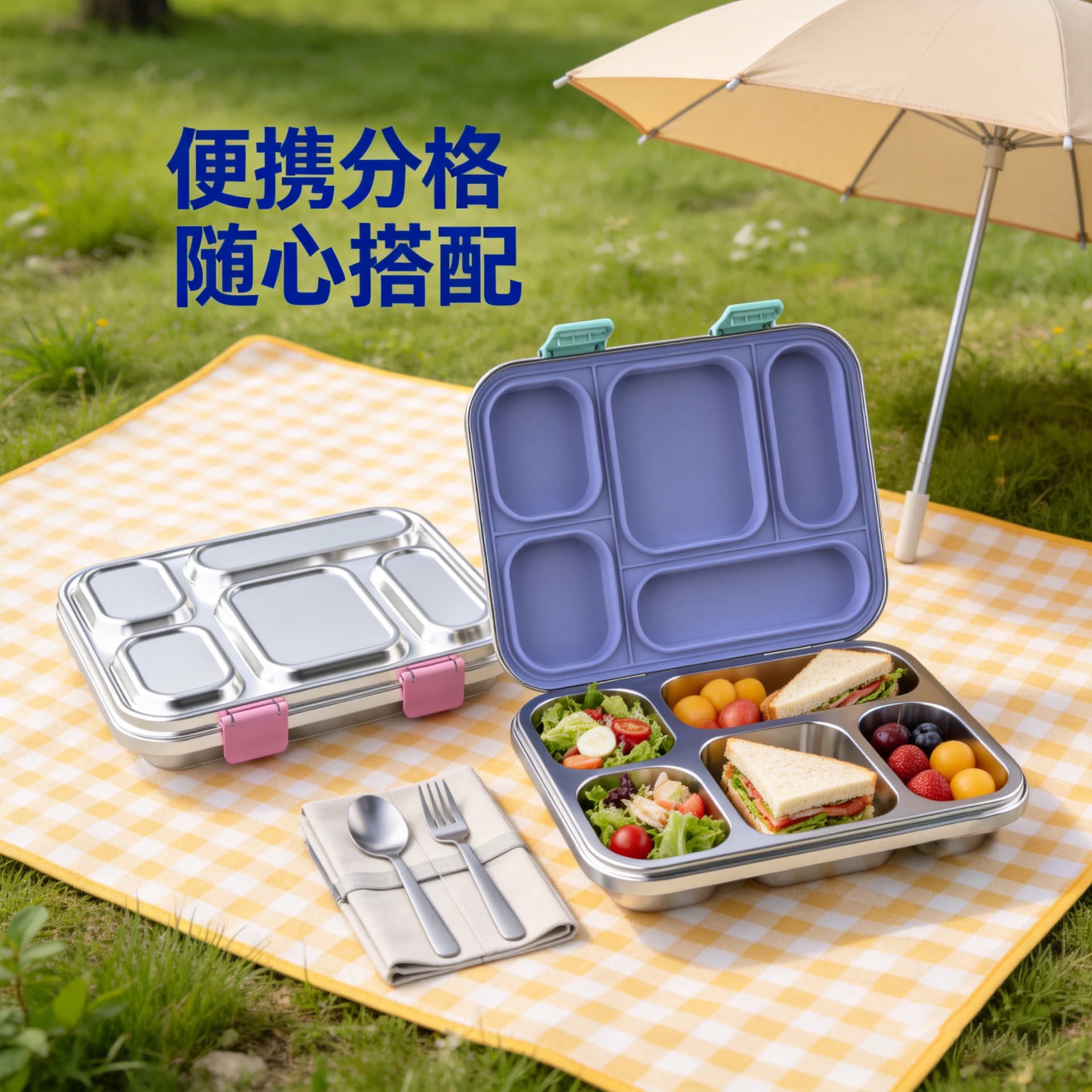 Factory Direct 304 Stainless Steel 5-Compartment Lunch Box Office Lunch Box Sealed Fresh-Keeping Compartment Fashionable Diet Lunch Box