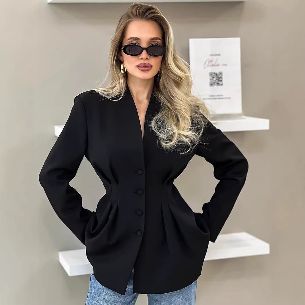 European and American Women's Fashion Autumn Elegant Slim-Fit Waist-Cinching Black Blazer with a Stylish V-Neck Design for Commuting