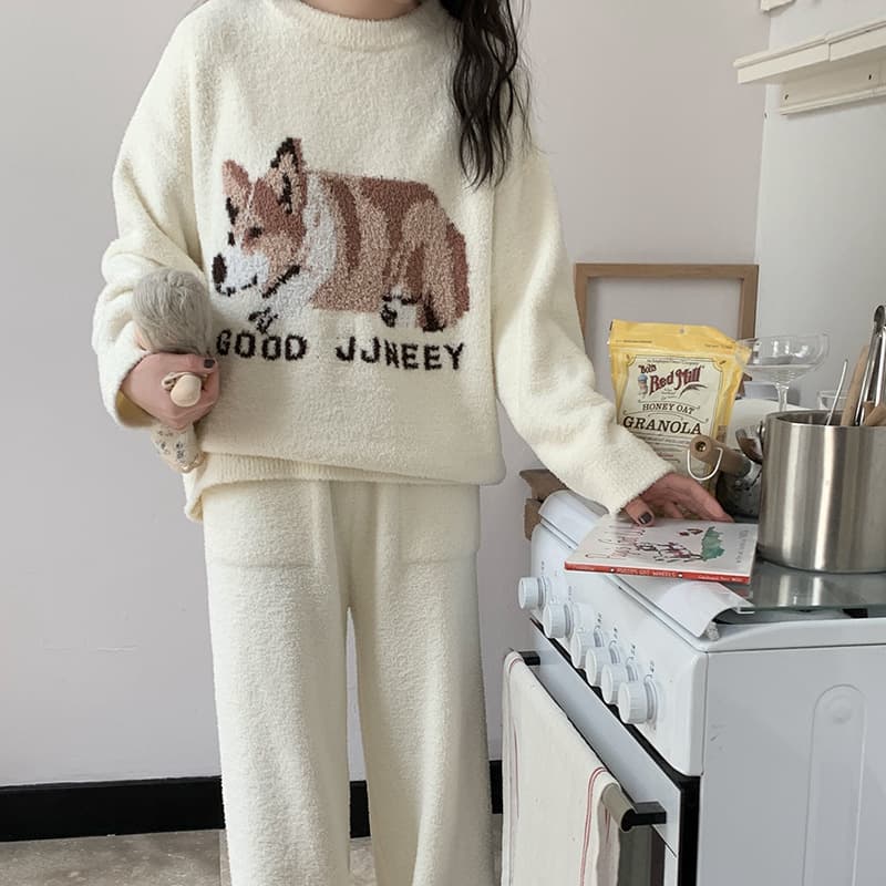Korean cute corgi plush knitted pajamas for women winter plus velvet thickened half velvet home clothes large size suit winter