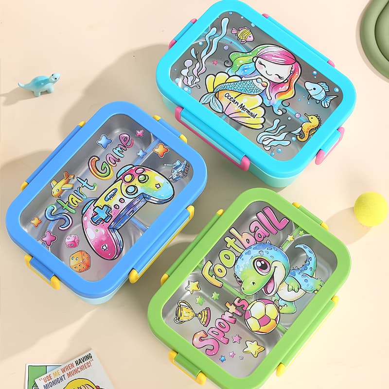 Lunch box with compartments, lunch box with fork and spoon, portable children's lunch box with rice compartments, 304 stainless steel sealed lunch box without odor