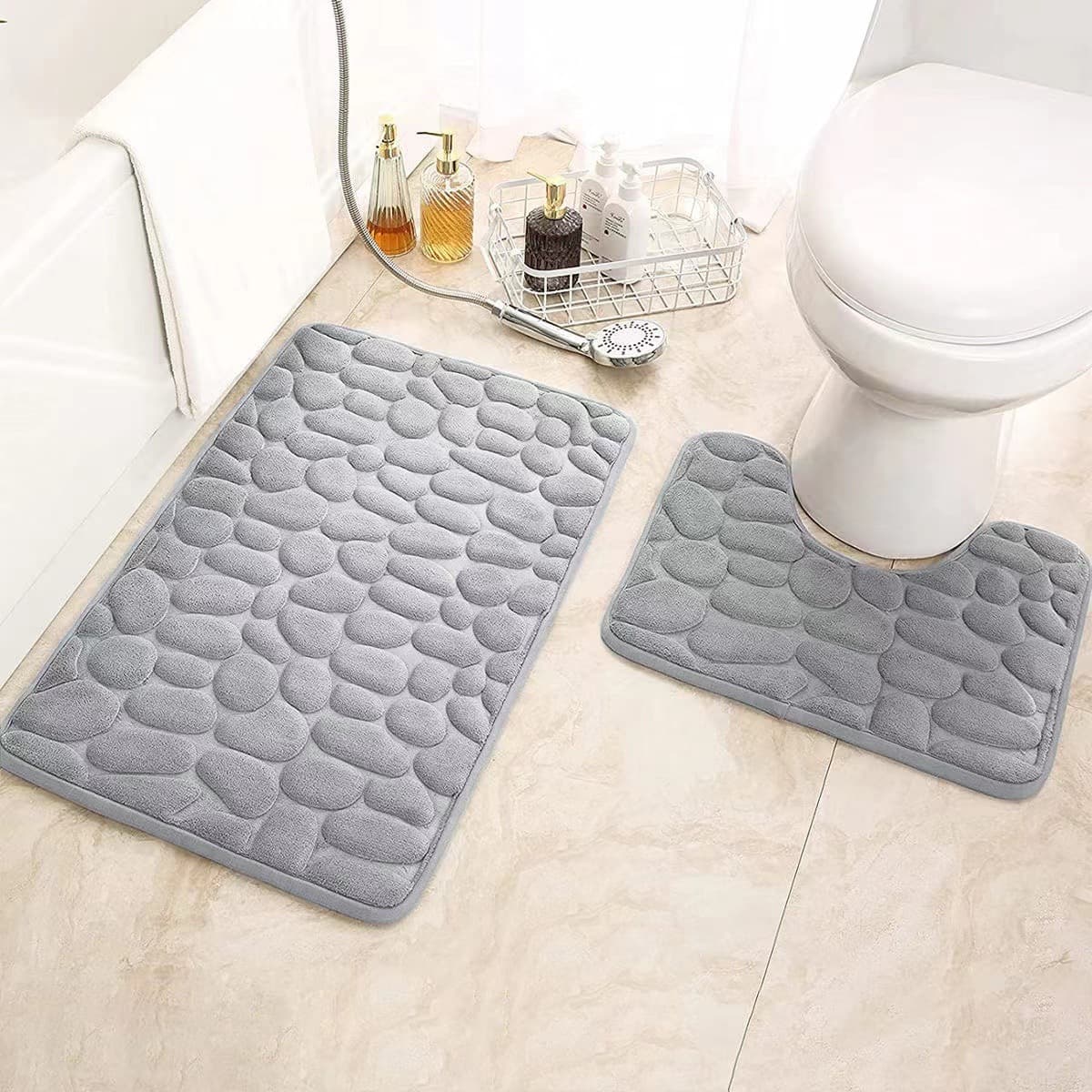 Cross-border Small Stone Coral Velvet Floor Mat Solid Simple Style Bathroom Mat Two-Piece Set Non-Slip Toilet Bath Mat