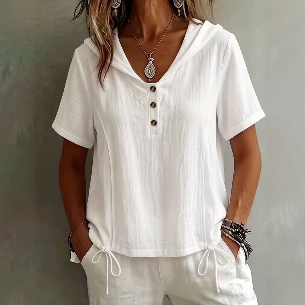2026 summer new style European and American cross-border foreign trade supply solid color button hooded short-sleeved shirt tops plus size women's clothing