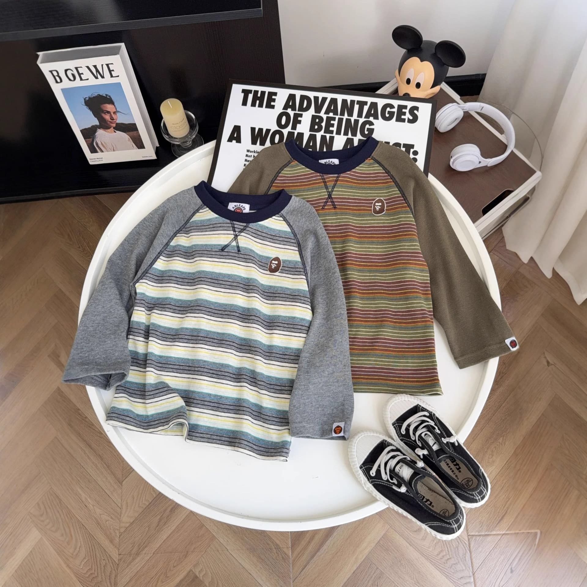 Springtime striped long-sleeved children's T-shirt with embroidered raglan sleeves, featuring an ins-style wool-linen blend fabric.