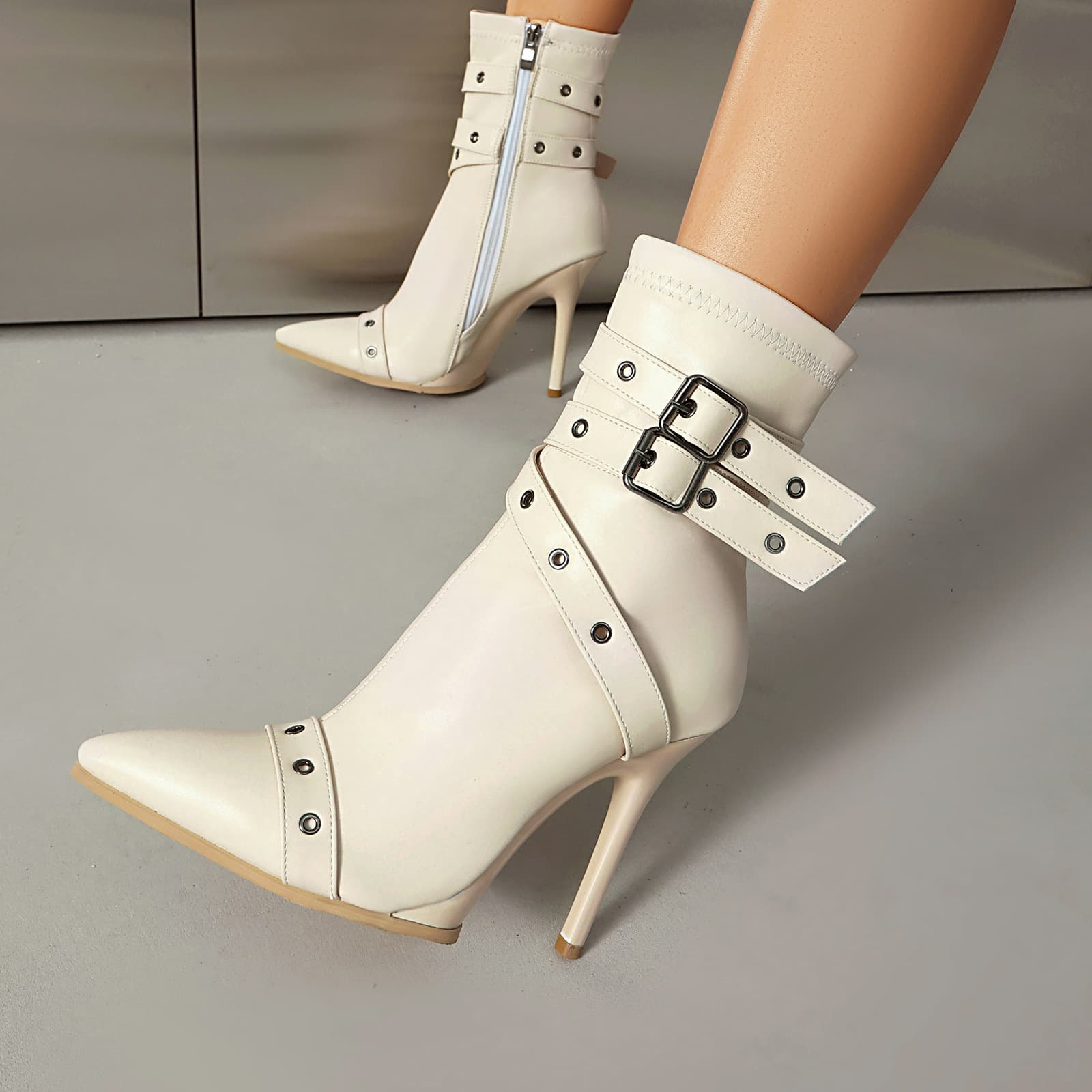 eBay foreign trade 2025 autumn and winter sexy stiletto pointed toe 40 41 large size belt buckle low-cut women's boots