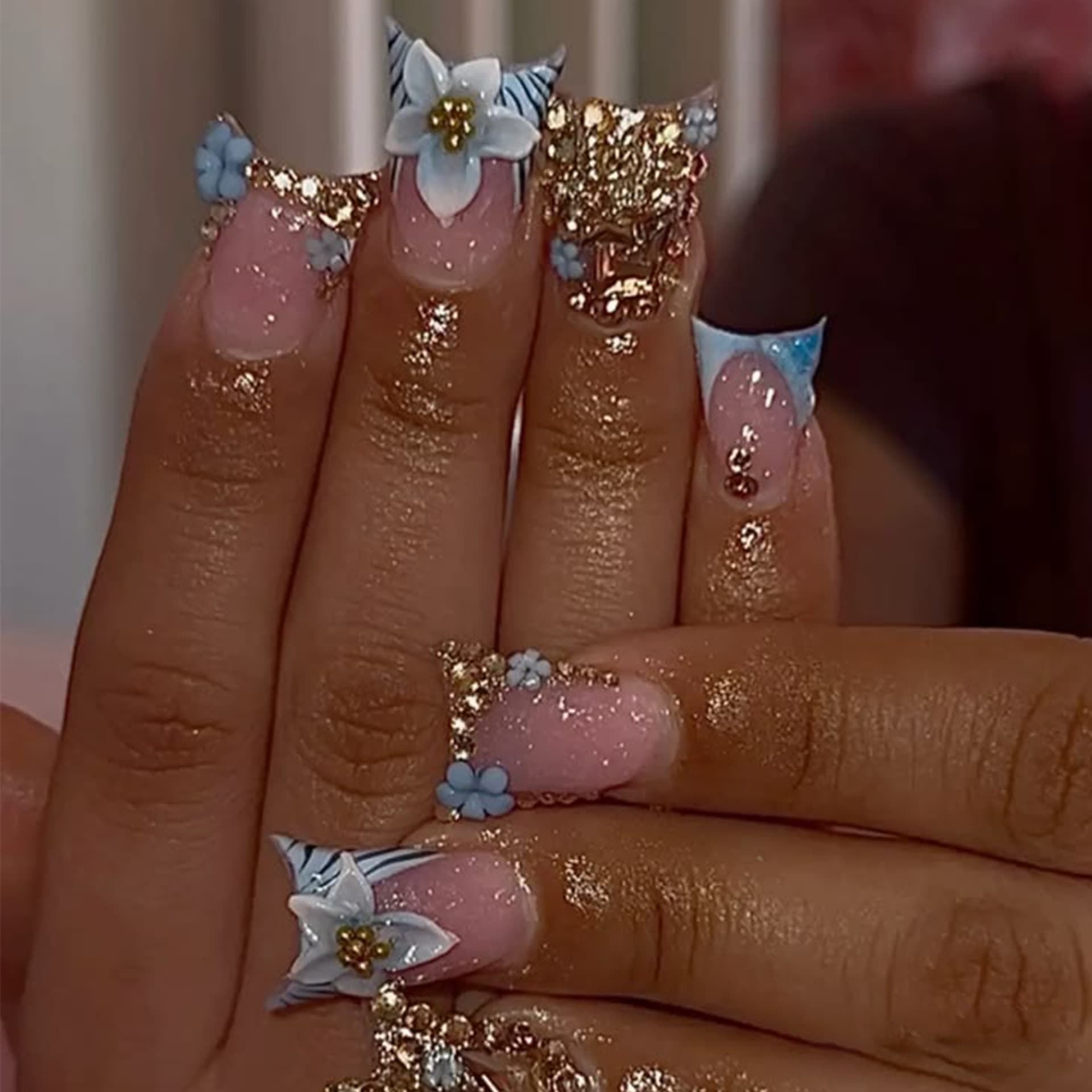 Lefan Nails 3D Flower French Press-On Nails Duck Shape Full Rhinestones Light Luxury Sweet Cool Fake Nails