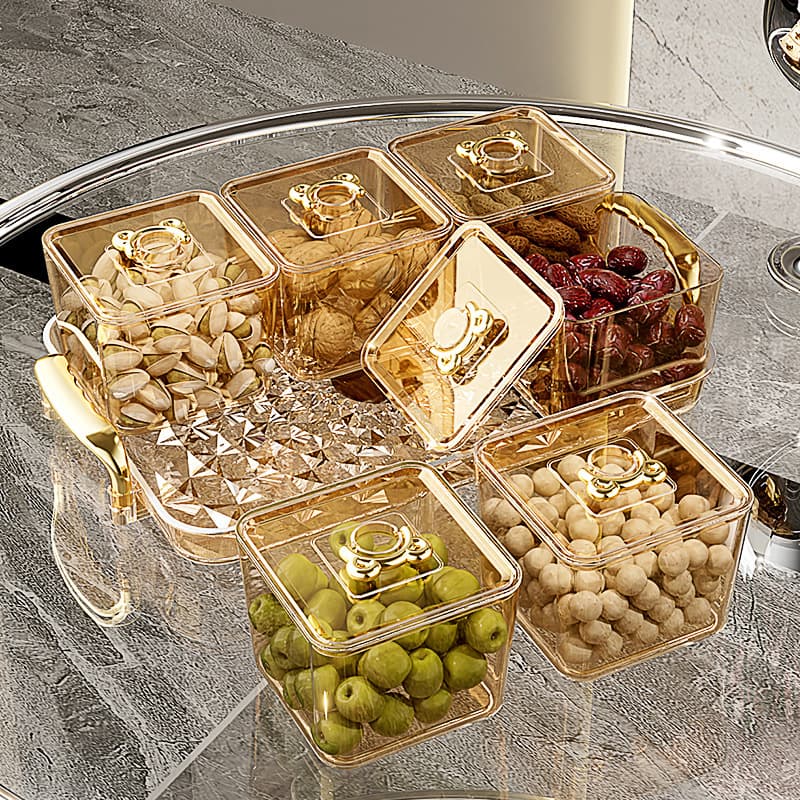 Square lidded fruit plate with compartments for dried fruits, candies, and preserved fruits; a luxurious living room tea and snack plate.