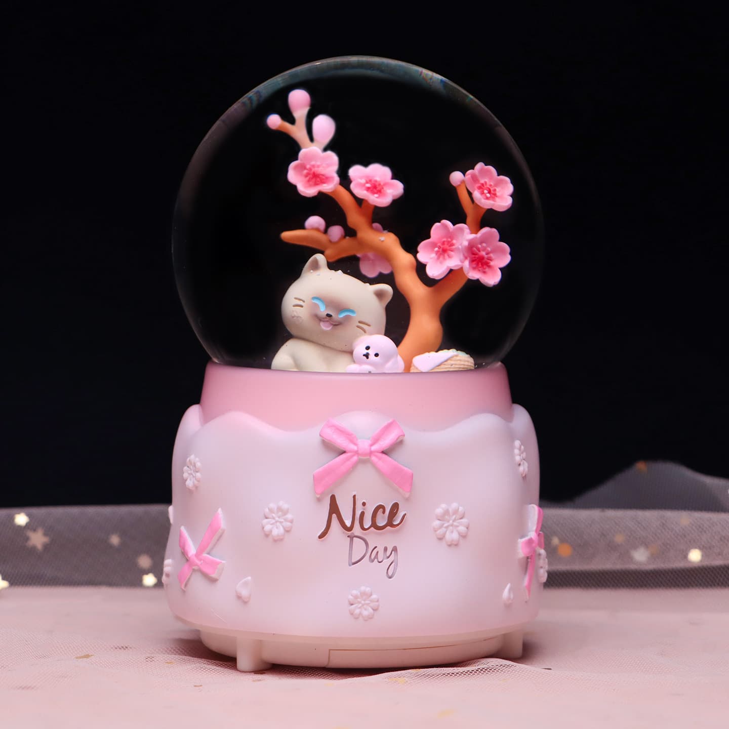 Creative cherry blossom type healing time cute pet crystal ball music box cute line puppy and Siamese cat music box
