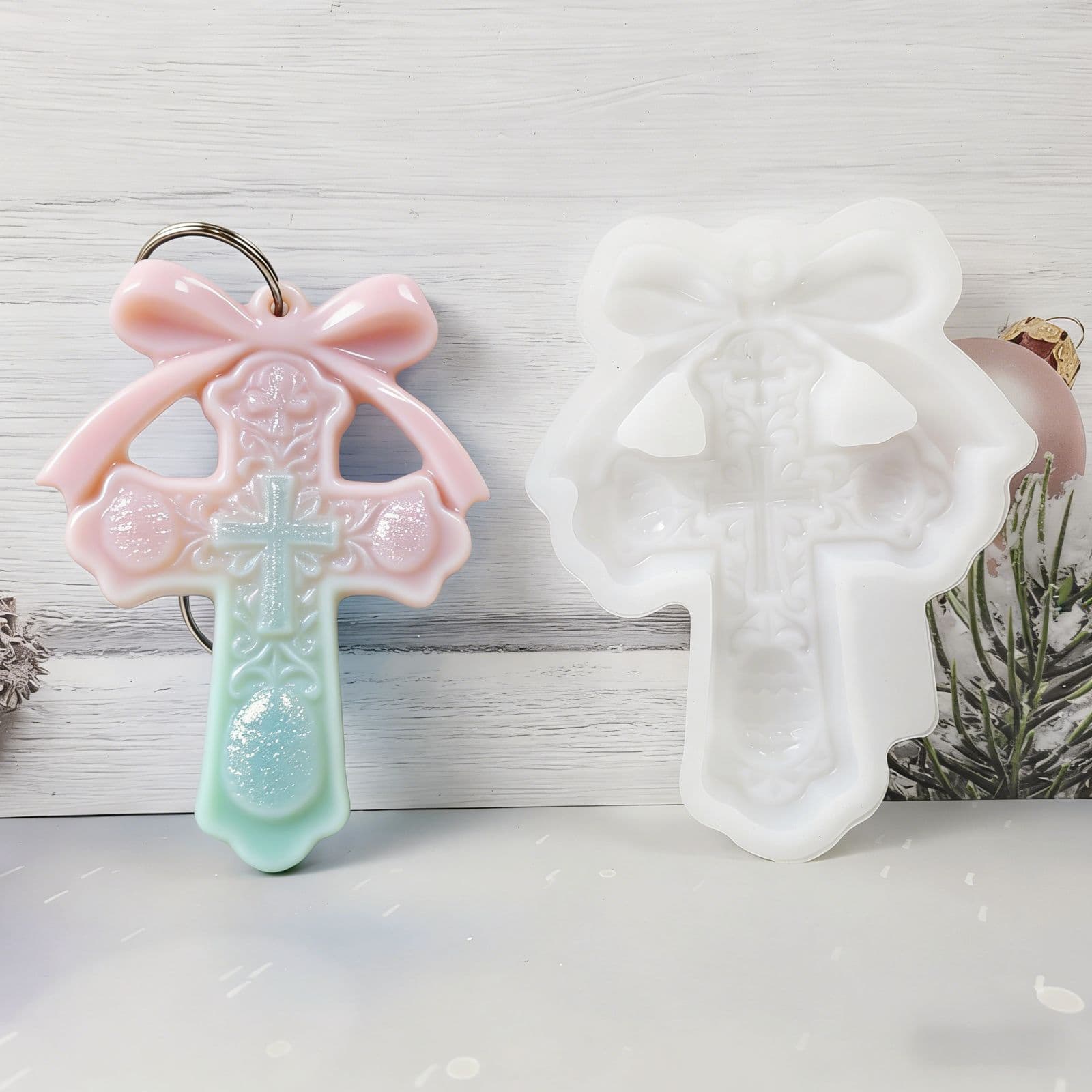 S2535 Easter Cross Semi-3D Hanging Ornament Decoration Cement Plaster Mold DIY Silicone Mold