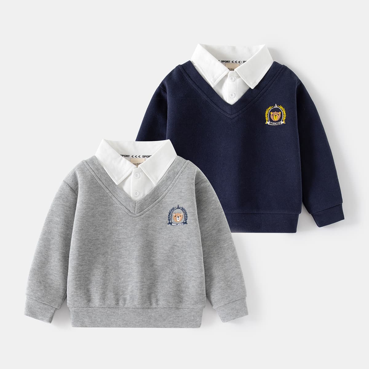 Spring New Korean Style Baby Fake Two-Piece Jacket, Children's Shirt Collar Hoodie, Boys' V-Neck Top Wholesale