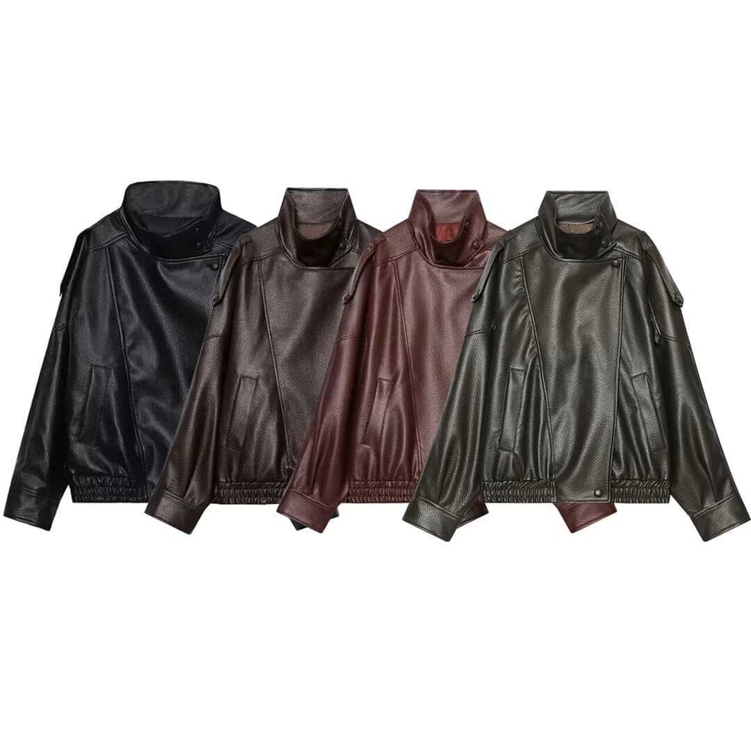 PB&ZA Women's Casual Shoulder Strap Faux Leather Jacket, European & American Style, Fashionable and Minimalist 4391872