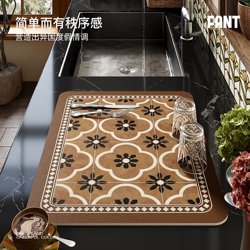 Celine mid-century style kitchen countertop draining mat, high-end coffee machine, bar, tea station, and dish absorption anti-slip pad.