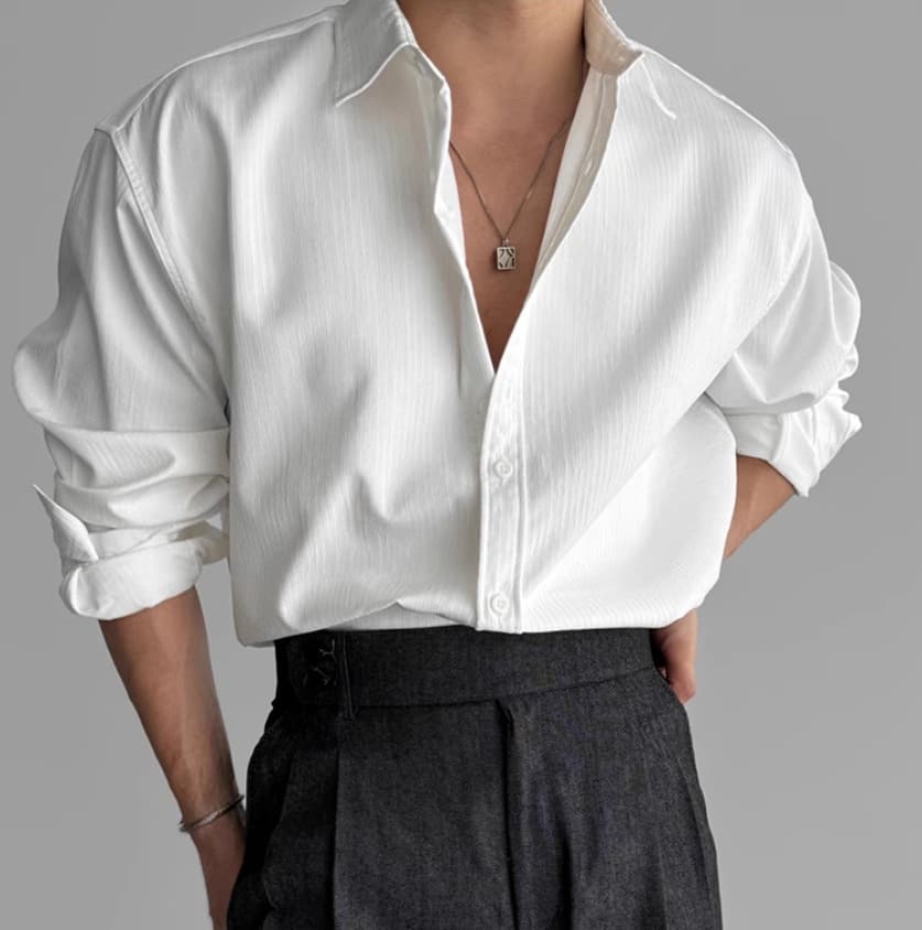 High-Quality Textured Solid Color Long-Sleeve Shirt for Men, Spring/Autumn Loose Fit Casual Shirt, Korean-Style Minimalist Design