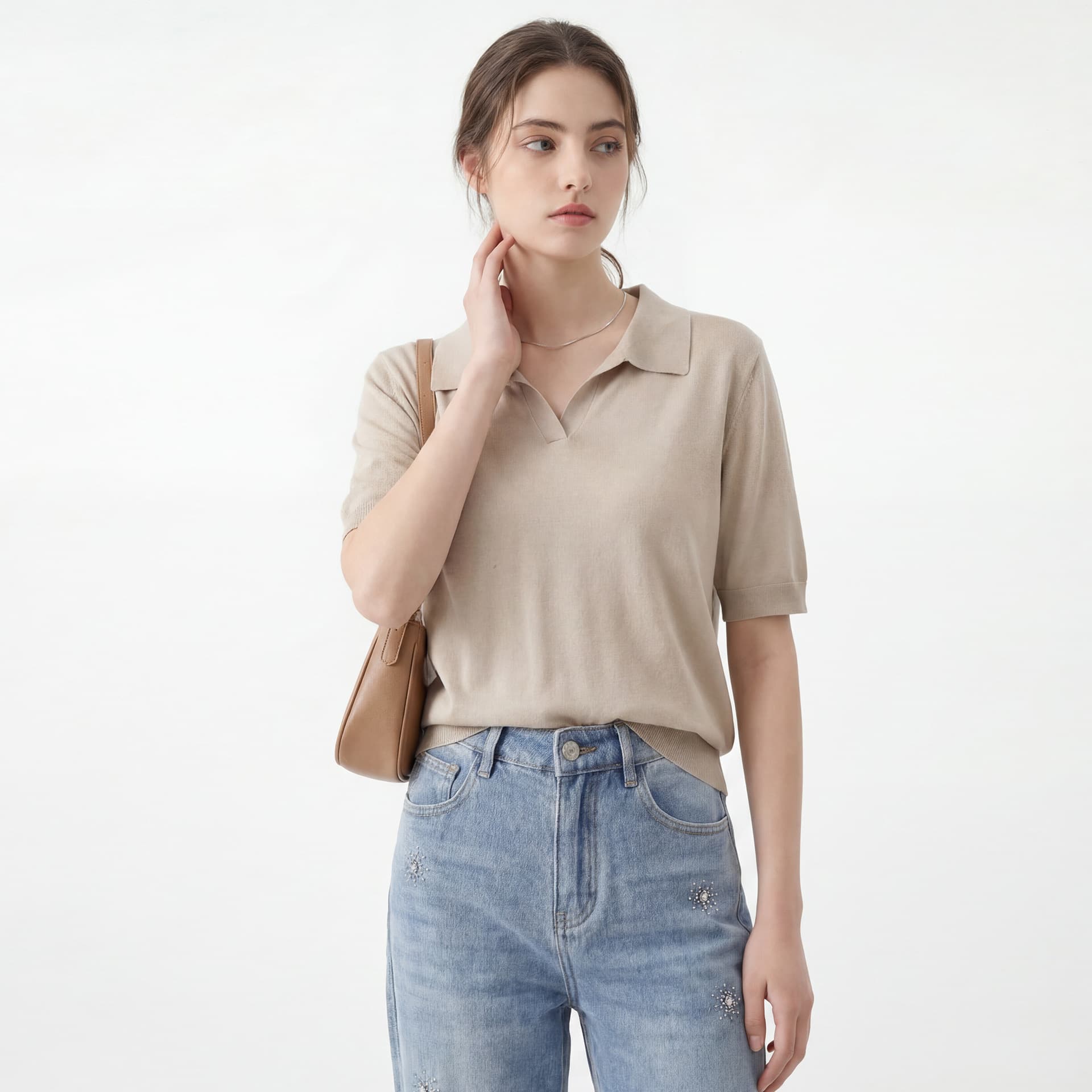 Anfiona 2026 Thin Linen Polo Collar Short-Sleeved Knitwear Women's T-Shirt Top 6118 Tencel 95 Fabric