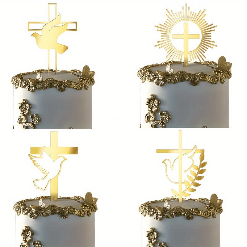 Gold mirror acrylic cross cake decoration - perfect for baptisms, weddings, and more.