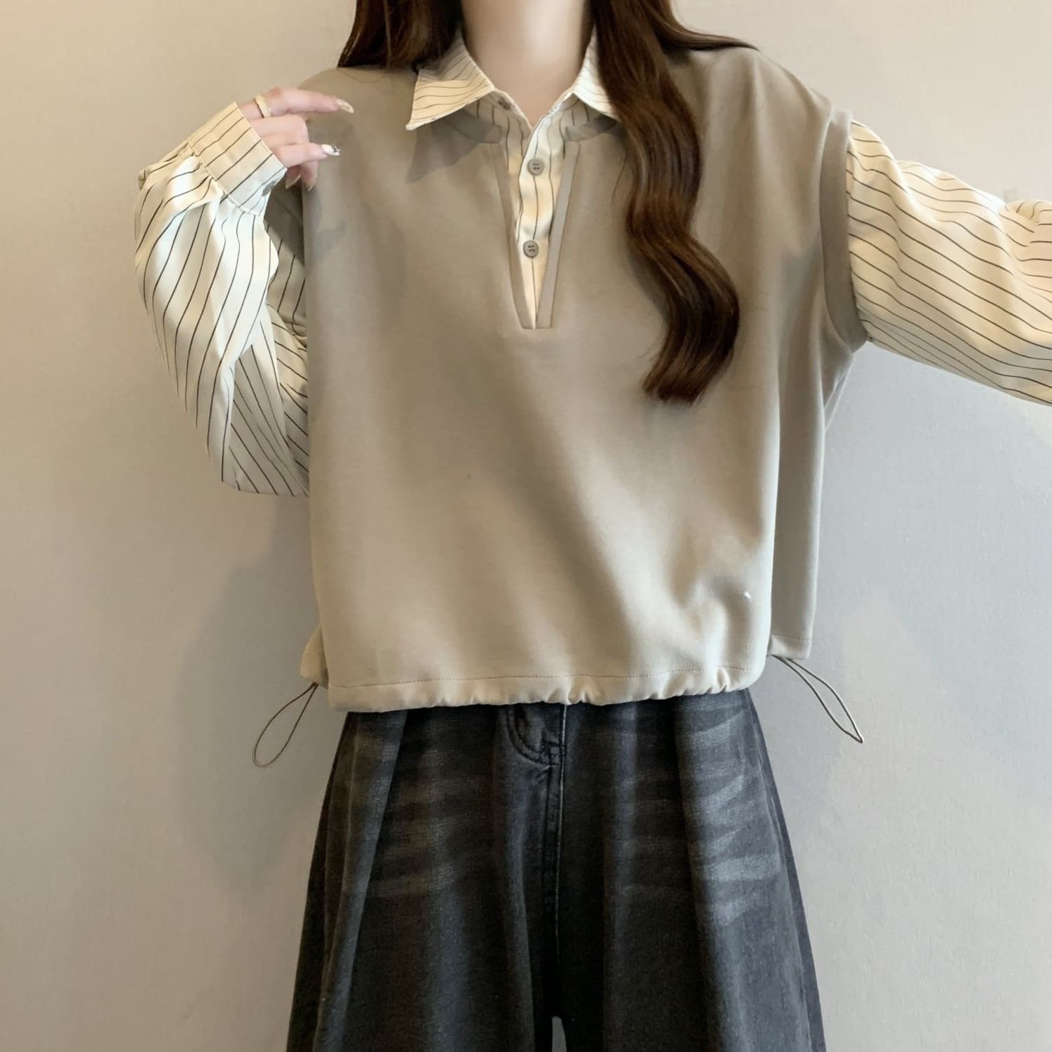 Plus Size Women's Faux Two-Piece Short Vest Shirt, Early Autumn 2025 New Design Patchwork Striped Top