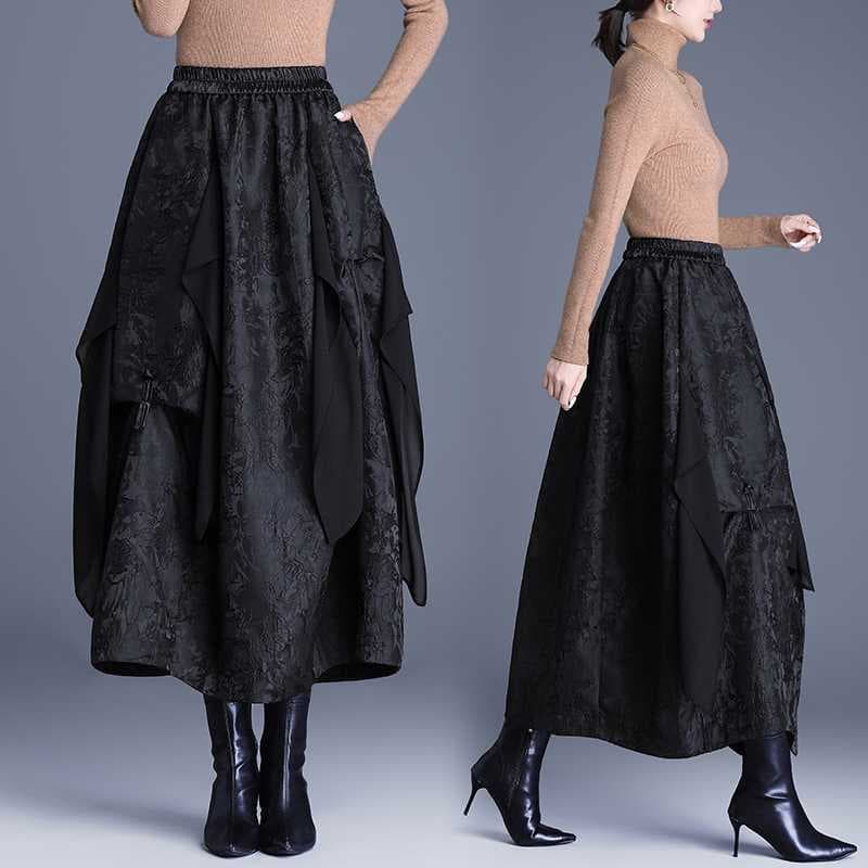 Actual Photo Chinese Style Floating Jacquard Half Skirt Women Autumn Winter New Fashion Irregular Mid-Length Tulle Bubble Skirt