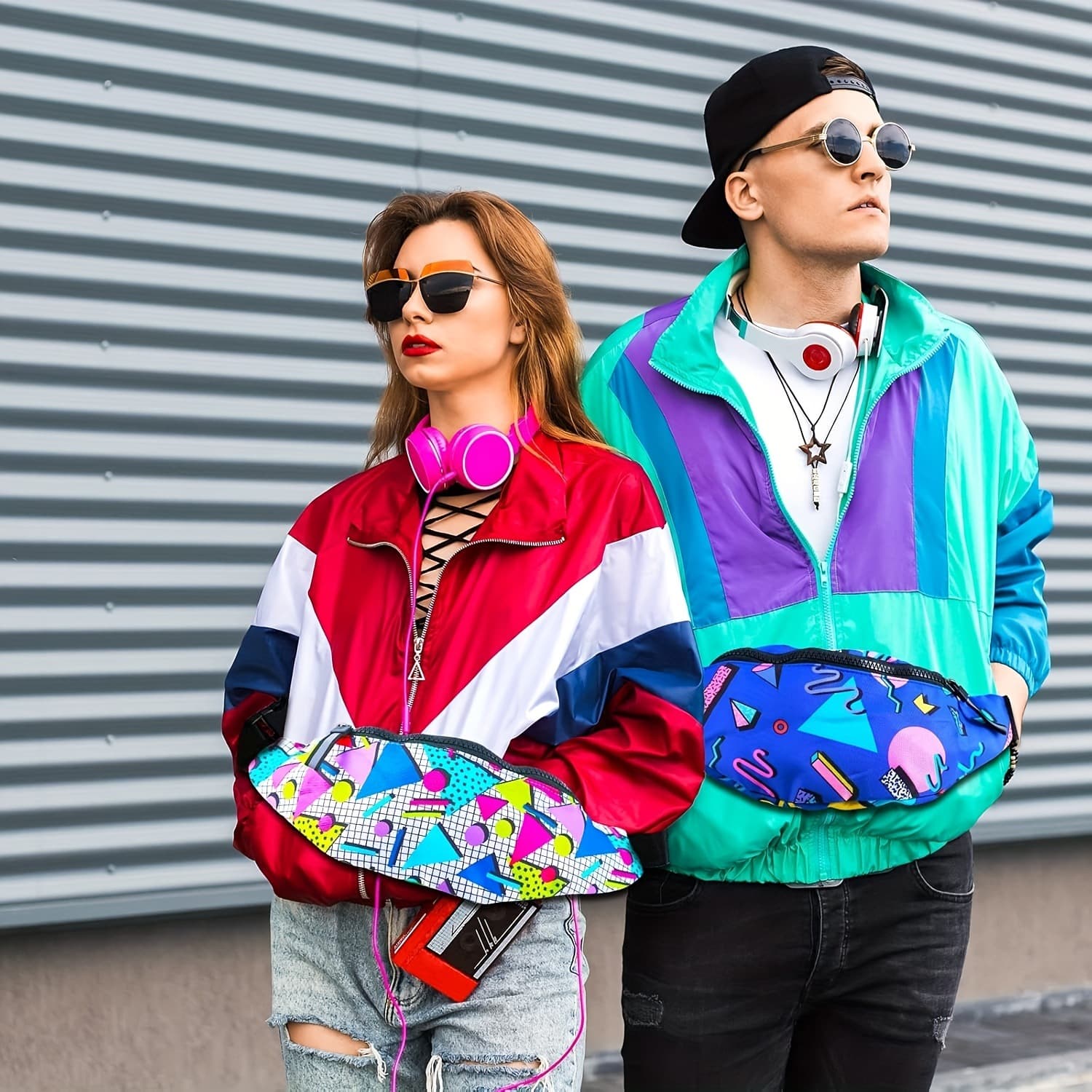 Retro 80s 90s Waist Bag for Men and Women, Adjustable Neon Geometric Fanny Pack with Zipper Closure LP731